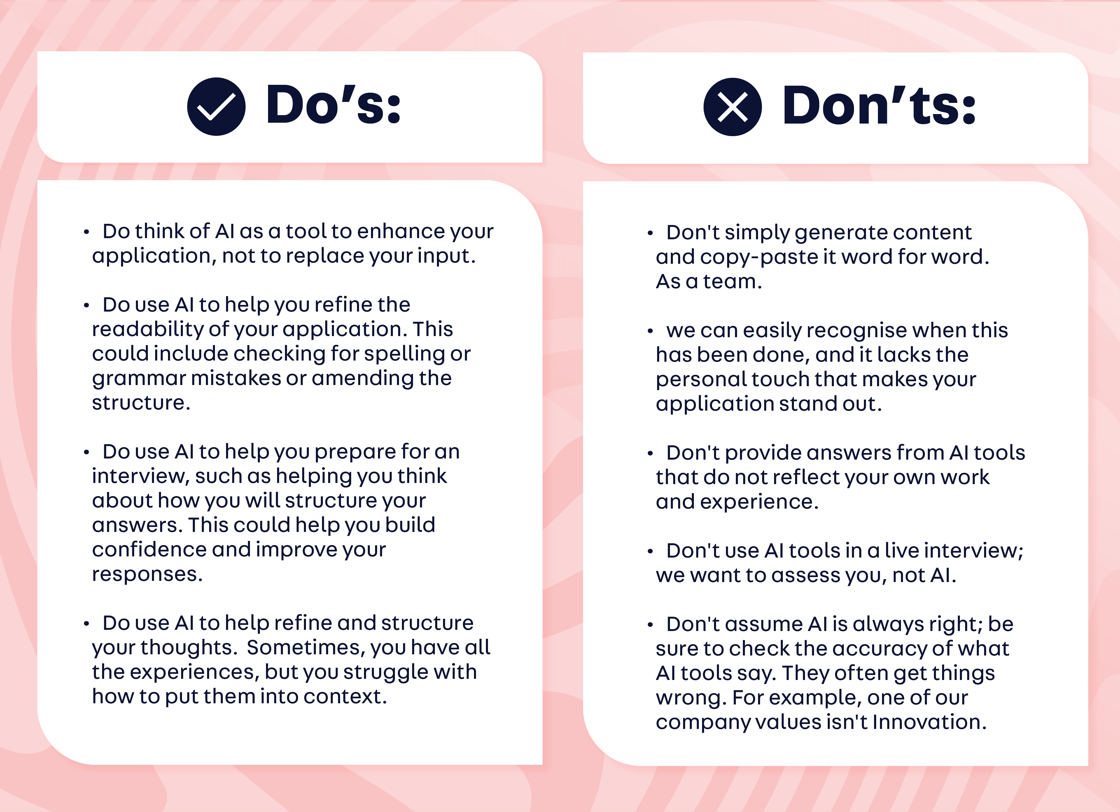 Our do's and don'ts for AI use during the application process: Our do's and don'ts for AI use during the application process: