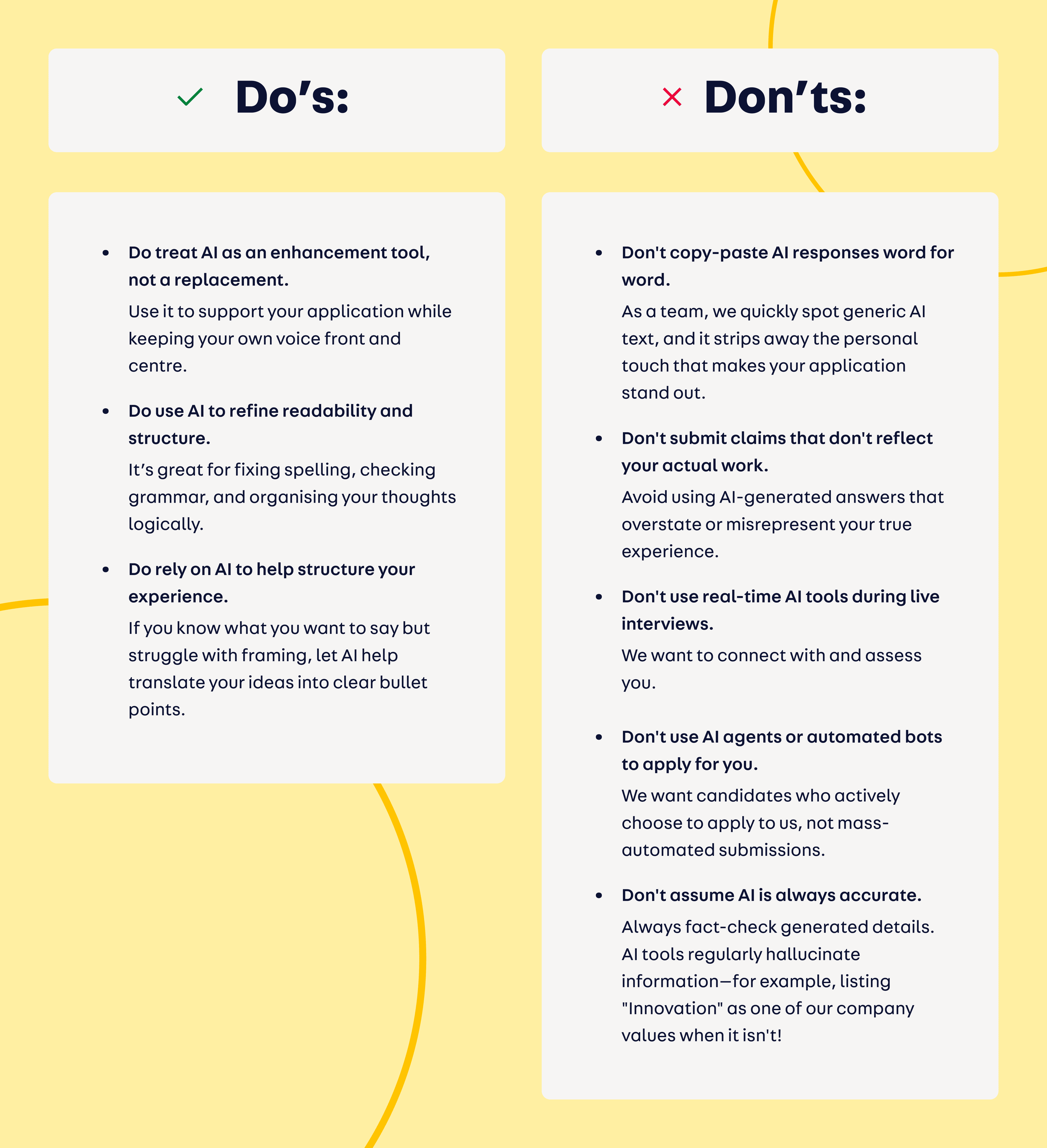 Our do's and don'ts for AI use during the application process: