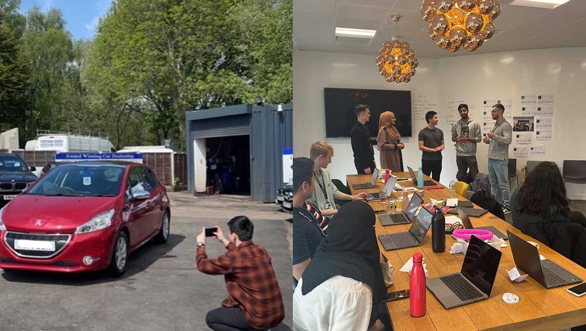 A photo on the left of someone taking a picture of a car outside, a photo on the right with nine people in a room, discussing things